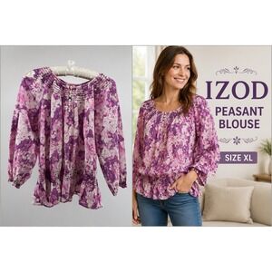 IZOD Floral Peasant Blouse Purple Pink Smocked Boho Top Size XL Casual Festival